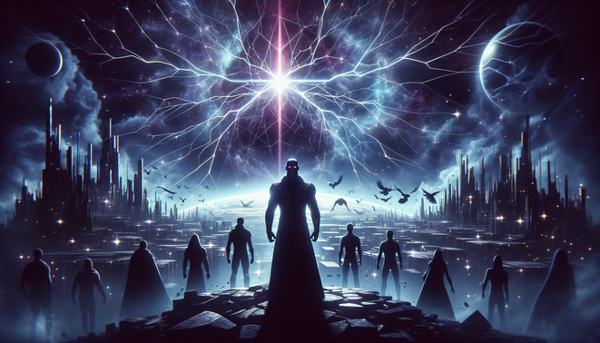 Ilustrasi kosmik gelap pahlawan menghadapi langit multiverse retak dengan sosok bermata merah mirip pemimpin mutan.