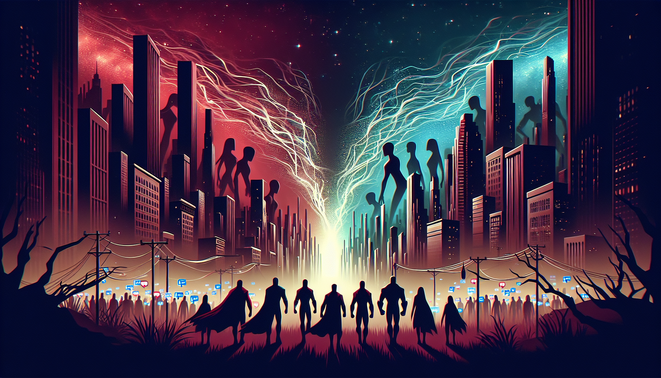 Ilustrasi siluet pahlawan di reruntuhan kota multiverse dengan langit retak merah biru, menggambarkan teaser Avengers Doomsday dan FOMO MCU.
