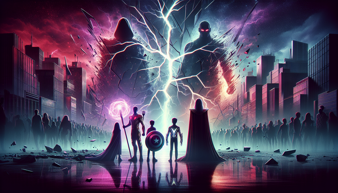 Ilustrasi pahlawan super menatap langit retak di atas kota hancur dengan sosok jubah misterius dan dua penerus muda.