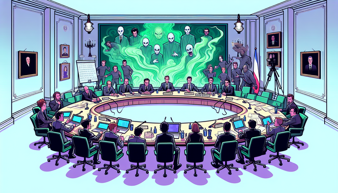 Ilustrasi kabinet politik kacau bercampur elemen santet komikal dan kelompok komika seperti tim heist di ruang rapat.