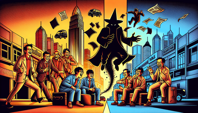 Ilustrasi dua film komedi Indonesia: aksi politik satir kontras dengan persahabatan hangat di lingkungan sederhana.