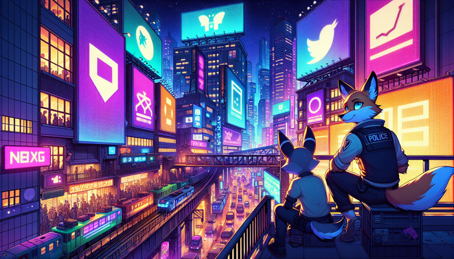 Ilustrasi kota hewan metropolis malam hari dengan dua polisi hewan mengawasi neon dan billboard politik.