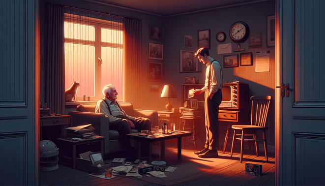 Ayah tua dan anak dewasa berjarak di ruang tamu senja, dikelilingi benda-benda kenangan keluarga.