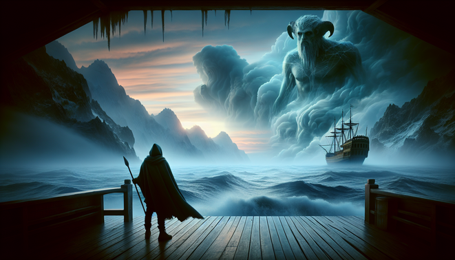 Pahlawan Yunani berdiri di kapal di laut badai gelap, siluet monster samar dan pulau jauh di kejauhan.