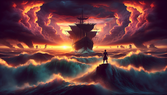 Pahlawan mirip Odysseus berdiri di kapal kayu diterjang badai, siluet makhluk mitologis samar di langit senja dramatis.