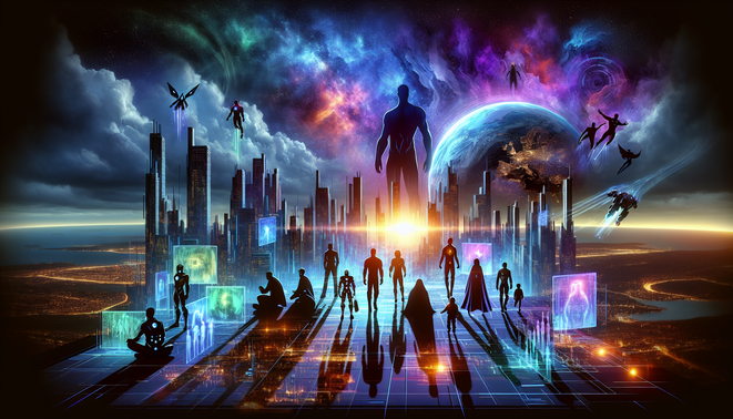 Ilustrasi kosmik gelap dengan siluet tim pahlawan menghadapi ancaman raksasa, melambangkan Avengers Doomsday dan era baru Marvel.