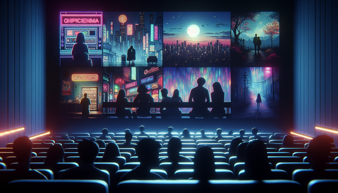 Ilustrasi bioskop modern menayangkan campuran film horor, anime futuristik, dan drama indie tahun 2025.
