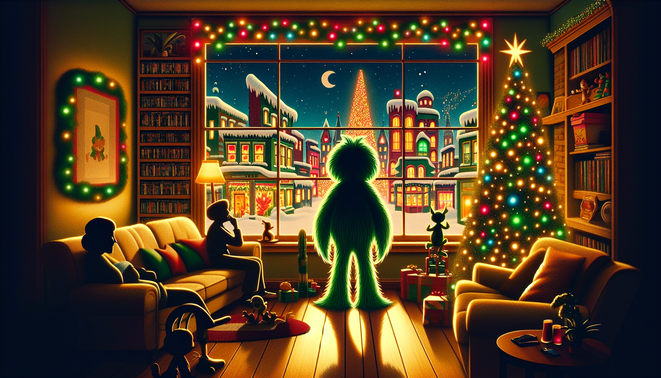 Ilustrasi ruang keluarga nostalgik saat Natal, makhluk hijau melihat kota fantasi berlampu, keluarga menonton film bersama.