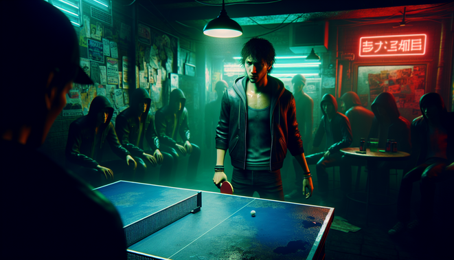 Pria muda gelisah di meja pingpong bawah tanah, disorot lampu neon dengan bayangan kota malam di belakangnya.