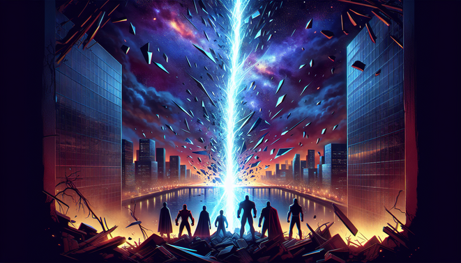 Ilustrasi kota futuristik terbelah dengan langit retak bercahaya, para pahlawan siluet menatap kehancuran kosmik.