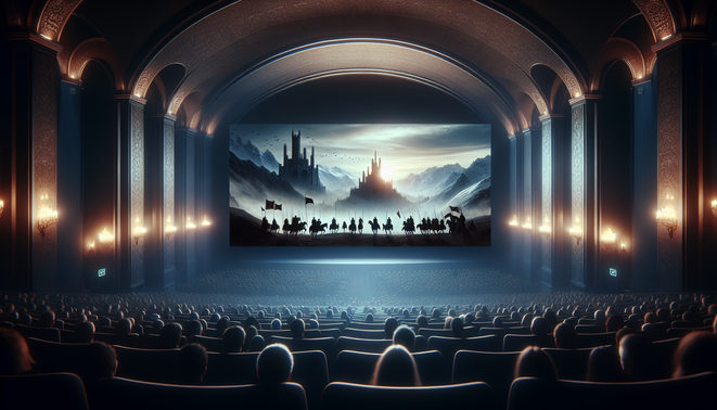 Ilustrasi penonton memenuhi bioskop, menatap layar raksasa menampilkan dunia fantasi epik berlatar benteng dan pegunungan.
