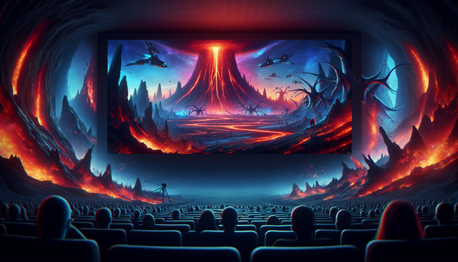Ilustrasi bioskop IMAX 3D menayangkan dunia alien vulkanik dengan api dan sosok makhluk biru bertarung industri.