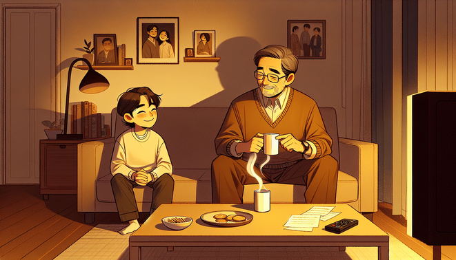 Ilustrasi ayah dan anak di ruang tamu hangat, duduk canggung namun saling mendekat, antara tawa dan luka keluarga.