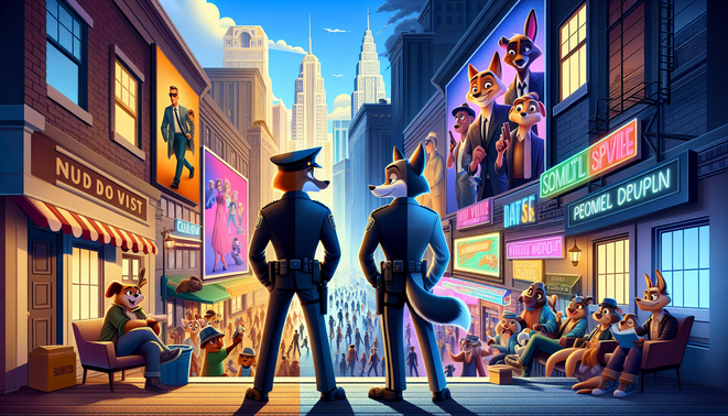 Ilustrasi kota hewan penuh warna dengan dua tokoh utama menatap skyline, memadukan suasana ceria dan tema sosial.