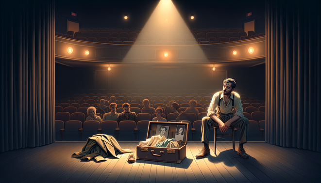 Ayah aktor duduk di panggung kosong menatap anaknya satu-satunya di kursi penonton teater.