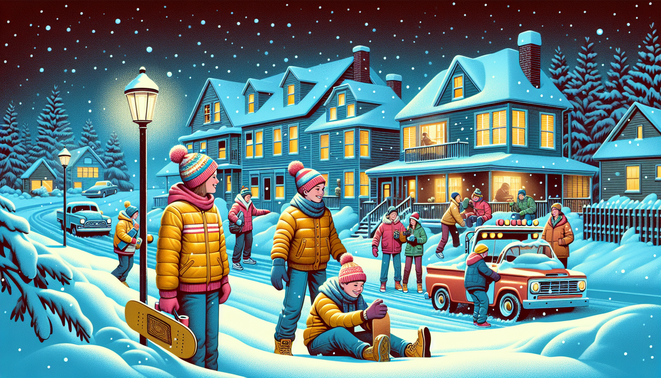 Anak dan remaja bermain salju di kota kecil bersalju dengan nuansa retro awal 2000-an yang hangat dan nostalgik.