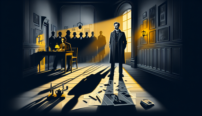 Ilustrasi detektif rapuh di ruangan gelap penuh bayangan dan siluet tersangka misterius.