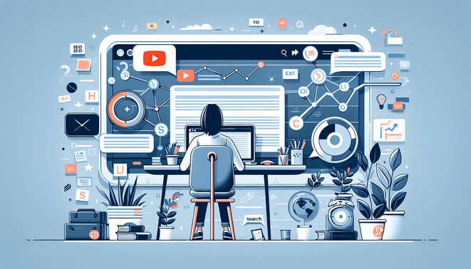 Ilustrasi kreator mengubah transkrip YouTube menjadi artikel blog rapi lengkap dengan elemen SEO dan grafik trafik naik.