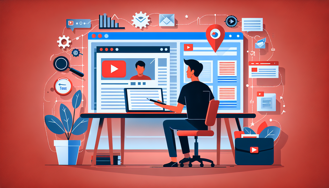Ilustrasi kreator mengubah video YouTube menjadi artikel blog rapi dengan elemen SEO di sekelilingnya.