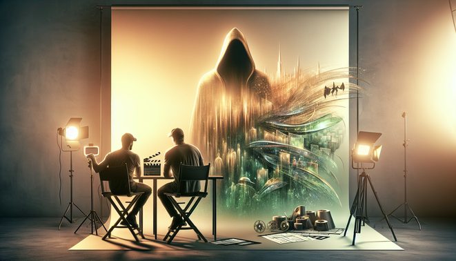 Ilustrasi siluet Doctor Doom mengintai di balik foto santai dua sutradara di studio modern.