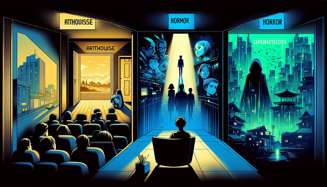 Ilustrasi penonton menyusun daftar film terbaik 2025: arthouse, horor modern, dan anime futuristik dalam satu komposisi sinematik.