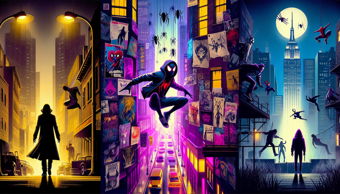 Ilustrasi tiga versi pahlawan laba-laba: noir berkabut, gadis ber-hoodie neon, dan figur punk pemberontak di kota.
