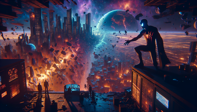 Ilustrasi multiverse hancur dengan pahlawan mirip Spider-Man tua berdiri di tepi gedung runtuh.