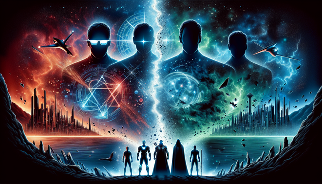 Ilustrasi kosmik gelap: kota terdistorsi, laboratorium multiverse, kerajaan bawah laut, dan bayangan tim pahlawan baru.