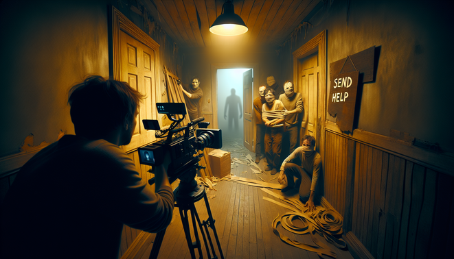 Sekelompok orang terjebak di rumah sempit dan gelap, saling curiga, dengan tulisan HELP yang tampak ironis.