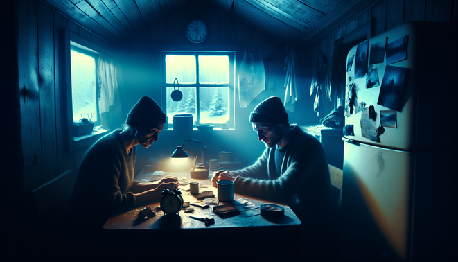Dua orang saling menatap tegang di kabin terpencil remang dengan suasana horor psikologis menekan.