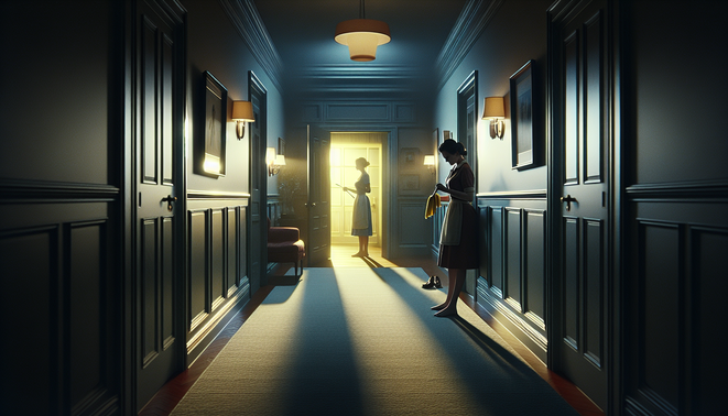 Ilustrasi rumah besar nan rapi dan dingin dengan siluet pembantu misterius di koridor remang.