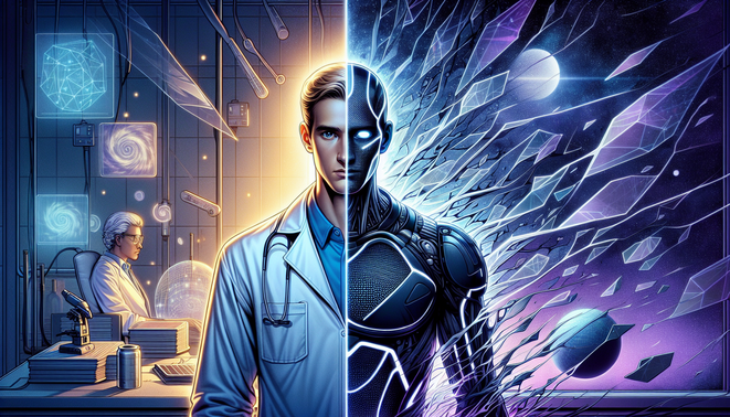 Dua versi ilmuwan mirip Reed Richards berhadapan di laboratorium futuristis dengan latar multiverse yang retak.