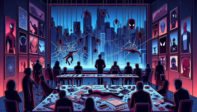 Ilustrasi kota malam dengan jaring laba-laba robek, simbol semesta Spider-Man Sony yang kacau namun berpeluang direboot.