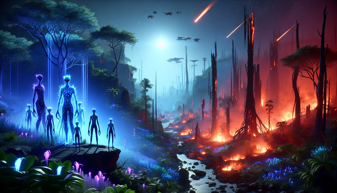 Ilustrasi Pandora gelap dengan hutan bioluminesen dan area terbakar, abu beterbangan, dan keluarga Na’vi mengamati lembah.