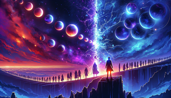 Ilustrasi multiverse Marvel runtuh, alam semesta bertabrakan dan sosok pahlawan tunggal berdiri sebagai jangkar realitas.