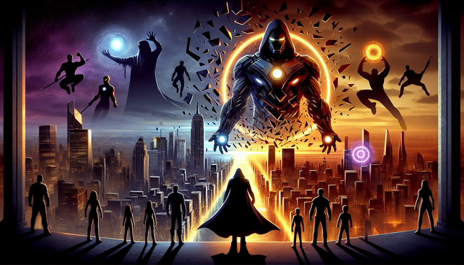 Ilustrasi siluet tim pahlawan menghadapi penjahat raksasa di langit dengan portal cincin dan kota multiverse terbelah.