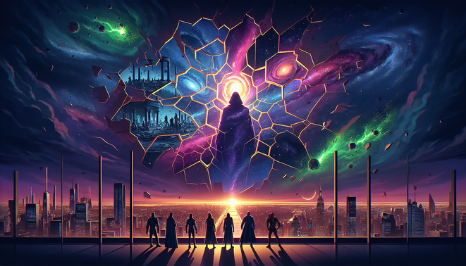 Ilustrasi pahlawan mirip Avengers menatap retakan multiverse raksasa di langit kota gelap futuristik.