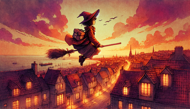 Gadis penyihir remaja terbang dengan sapu di atas kota pelabuhan Eropa saat senja bernuansa hangat.