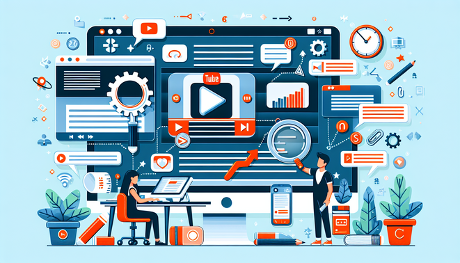 Ilustrasi kreator mengubah video YouTube menjadi artikel blog terstruktur dengan elemen SEO modern dan profesional.