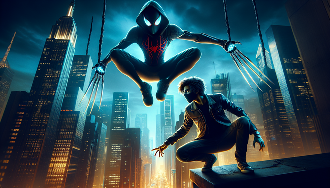 Ilustrasi pahlawan mirip Spider-Man dan Wolverine di kota malam, berpose siap bertarung di atap gedung.