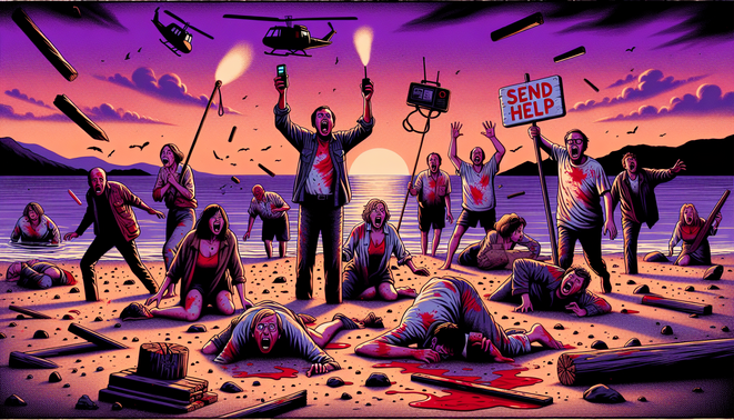 Ilustrasi sekelompok orang panik dan tertawa gugup di pulau terpencil dengan tanda SOS kacau.