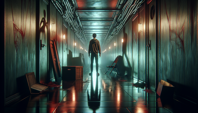 Ilustrasi protagonis di koridor gelap penuh bayangan dan jejak darah, menghadapi ancaman misterius di kejauhan.