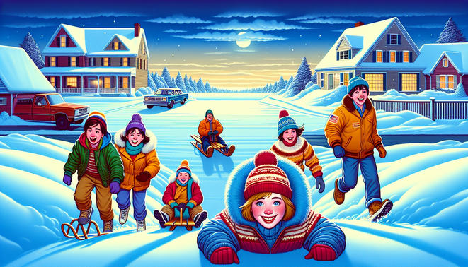 Anak-anak bermain di bukit bersalju dengan pakaian warna-warni, suasana nostalgia musim dingin yang hangat dan ceria.