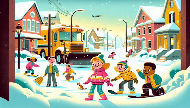 Anak-anak bermain di kota kecil bersalju pada hari libur sekolah, dengan suasana hangat dan nostalgik.
