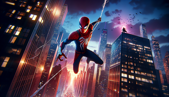 Ilustrasi pahlawan berayun di antara gedung New York saat senja dengan sosok misterius di atap gedung.