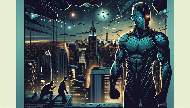 Ilustrasi Spider-Man di atap New York dengan latar multiverse dan nuansa teknologi masa depan misterius.