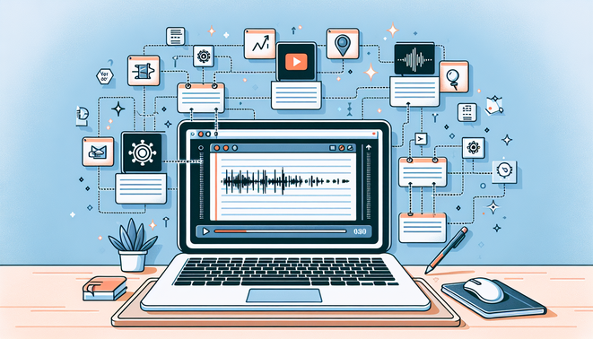 Ilustrasi laptop mengubah transkrip video YouTube menjadi artikel blog SEO dengan ikon kata kunci dan grafik trafik naik.