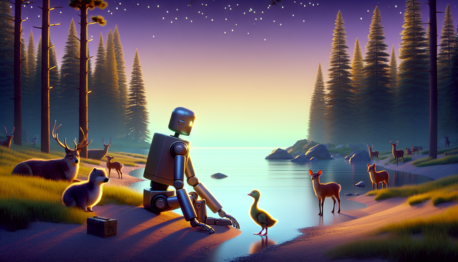 Robot dan anak angsa di tepi hutan pulau senja, dikelilingi hewan liar yang penasaran.