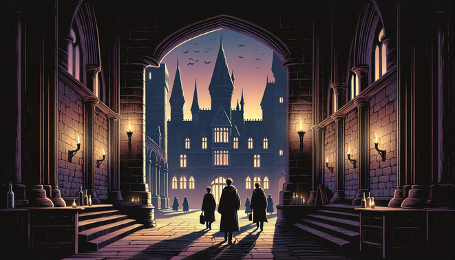 Ilustrasi kastel sihir remang dengan lorong batu dan siluet siswa berjubah berjalan di dalamnya.