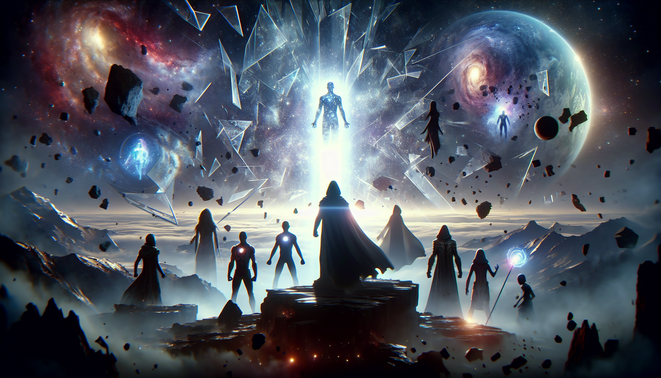 Ilustrasi kosmik multiverse retak dengan siluet tim superhero dan sosok berarmor misterius di kejauhan.